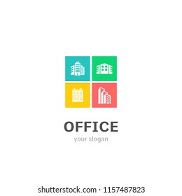 office icons flat style logo Design with business center, building, construction, house icons. Trendy, creative, corporative logotype template concept.