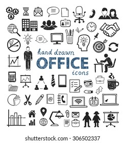 Office icons hand drawn: people, computer, digital, office equipment, team, strategy, design infographics elements