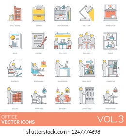 Office icons including building, drawer, organizer, table lamp, water cooler, report, contract, open, team, cubicle, study booth, work lounge, standing desk, filing space, storage, mail area, pantry, 