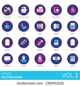 Office icons including workspace, photocopy, fax, coffee, tea, toilet, folders, telephone, shredder, clipboard, pen, highlighter, notebook, to do list, whiteboard, male, female, webcam, calculator.