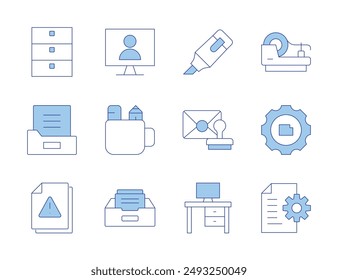 Office icons. Line Duotone style, editable stroke. workspace, archives, tape, highlighter, folder, cabinet, online, pencil box, gear, file, mail, document.