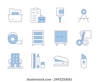 Office icons. Line Duotone style, editable stroke. folder, tape, cabinet, building, office syndrome, stationary, glue, stapler, scissors, cutter, compass.