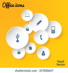 Office icons on white round piece of paper with a shadow on a yellow background, web icons with a shadow