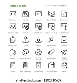 Office Icons - Outline styled icons, designed to 48 x 48 pixel grid. Editable stroke.