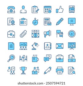 Iconos de oficina. Símbolos de contorno. Conjunto de iconos de línea azul de Vector