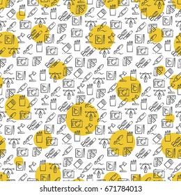 Office icons seamless pattern with yellow rounds. Background tools. Vector illustration