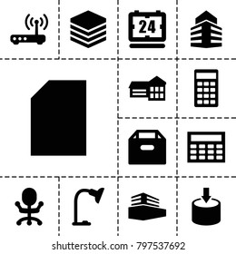 Office icons. set of 13 editable filled office icons such as school, office chair, box, paper, calclator, archive, documents box, calculator, table lamp, building, router