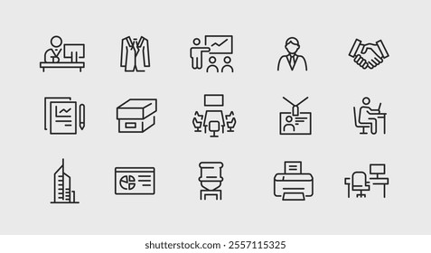 Office icons. Set of 15 office trendy minimal icons. Example: desk, suit, presentation, office chair, computer icon. Design signs for web page, mobile app, packaging design. Vector illustration.