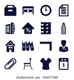 office icons set. Set of 16 office filled icons such as building, ruler, shirt, business center, clip, checklist, binder, paper, mortgage, chair, businessman, sundial