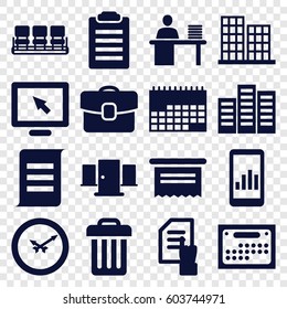 Office icons set. set of 16 office filled icons such as building, business center, chair, pointing on document, man working at the table, trash bin, case, wall clock, calendar