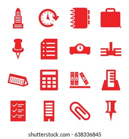 Office icons set. set of 16 office filled icons such as business center, building, pin, binder, case, paper, time, checklist, notebook, calendar, clock, calculator