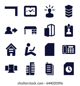 Office icons set. set of 16 office filled icons such as building, ruler, office desk, paper, clipboard, desk phone, user bulb, man sitting with laptop, door, user, clock