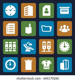 Office icons set. set of 16 office filled icons such as building, trash bin, binder, office room, folder, dental chair, paper, user group, clock, wall clock, resume, document