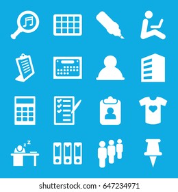 Office icons set. set of 16 office filled icons such as building, clipboard, check list, serach music, pin, man sleeping on table, binder, t-shirt with heart