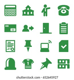 Office icons set. set of 16 office filled icons such as building, businessman, calculator, laptop, pin, file, desk phone, signed document, house building, door, parcel, user