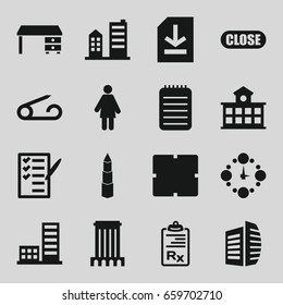 Office icons set. set of 16 office filled icons such as pin, clock, business center, office desk, check list, notebook, clipboard, file, building, close, wall clock
