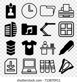 Office icons set. set of 16 office filled and outline icons such as business center, music folder, clipboard, table lamp, stapler, t-shirt with heart, pen, building, window