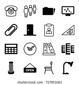 Office icons set. set of 16 office filled and outline icons such as building, business center building, clip, folder, table lamp, door, open plate, calclator, triangle ruler
