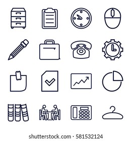 Office icons set. Set of 16 Office outline icons such as clipboard, case, clock, file, desk phone, glued note, nightstand, meeting, binder, pencil, mouse, hanger