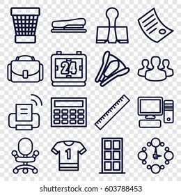 Office icons set. set of 16 office outline icons such as ruler, door, trash bin, pc, stapler, paper clamp, camera case, user group, document, printer, wall clock, clock
