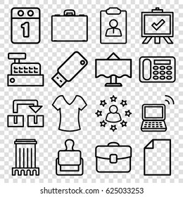 Office icons set. set of 16 office outline icons such as stamp, shirt, board, desk phone, laptop, case, usb drive, builidng, restaurant table, 1st day calendar, paper