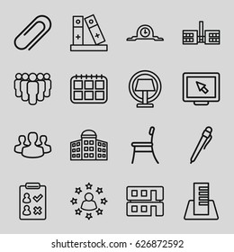 Office icons set. set of 16 office outline icons such as building   isolated  sign symbol, binder, clip, house builidng, building, chair, table lamp, user group, clock