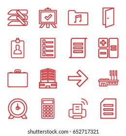 Office icons set. set of 16 office outline icons such as door, document, clock, business center, board, music folder, clipboard, calculator, case, blinds, printer, forward