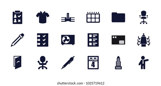 Office icons. set of 18 editable filled office icons: business center, businessman, pen, office chair, school, check list, checklist, meeting, pencil, air conditioner
