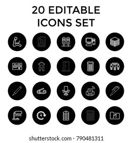 Office icons. set of 20 editable outline office icons such as time, shutter blinds, pin, table lamp, binder, document. best quality office elements in trendy style.