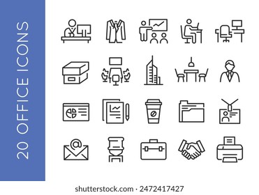 Office icons. Set of 20 office trendy minimal icons. Example: desk, suit, presentation, office chair, computer icon. Design signs for web page, mobile app, packaging design. Vector illustration.