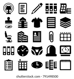 Office icons. set of 25 editable filled office icons such as modern curved building, building, barber chair, binder, paper clip, checklist, clock, calendar, document, archive