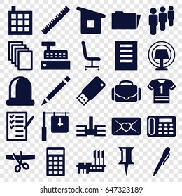 Office icons set. set of 25 office filled icons such as ruler, building, paper, pin, desk phone, pen, check list, love letter, folder, calculator, office chair, camera case