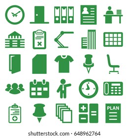 Office icons set. set of 25 office filled icons such as door, businessman, paper, desk phone, group, pin, clipboard, medical clipboard, office chair, man working at the table