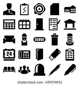 Office icons set. set of 25 office filled icons such as trash bin, sofa, door, desk phone, pen, worker, arrow up, check list, businessman, usb drive, building, close