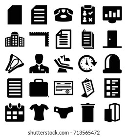 Office icons set. set of 25 office filled icons such as building   isolated  sign symbol, ruler, children panties, desk phone, trash bin, t-shirt, clipboard, document, paper