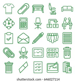 Office icons set. set of 25 office outline icons such as sofa, building, barber chair, trash bin, envelope, pen, document, clip, businessman shaking hands, bin, house builidng