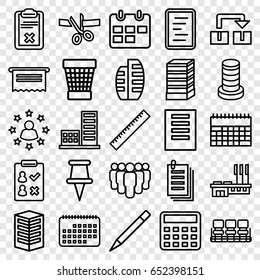 Office icons set. set of 25 office outline icons such as business center building, ruler, chair, calculator, trash bin, pen, paper, clipboard, pin, builidng, document