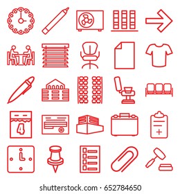 Office icons set. set of 25 office outline icons such as sofa, plane seats, barber chair, document, pen, t-shirt, office chair, pin, medical clipboard, clip, documents box