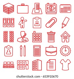 Office icons set. set of 25 office outline icons such as plane seats, building, chair, shirt, trash bin, businessman, case, clip, calculator, highlighter, paper