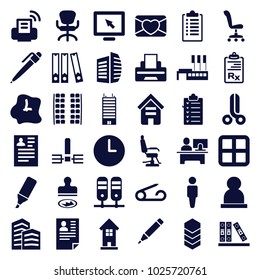 Office icons. set of 36 editable filled office icons such as plane seats, building, window, pin, man, barber chair, resume, business center, office chair, display, binder