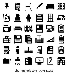 Office icons. set of 36 editable filled office icons such as shutter blinds, building, door, pointing on document, house, resume, binder, woman, clipboard, folder with heart