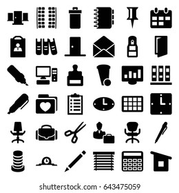 Office icons set. set of 36 office filled icons such as trash bin, stamp, plane seats, door, calculator, pin, pen, folder with heart, envelope, pc, binder, camera case