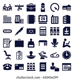 Office icons set. set of 36 office filled icons such as stamp, modern curved building, building, business center, pin, desk phone, binder, pen, worker, check list, love letter