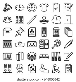 Office icons set. set of 36 office outline icons such as sofa, building, pen, t-shirt, resume, paper, office chair, check list, love letter, notebook, clipboard, serach music