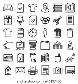 Office icons set. set of 36 office outline icons such as trash bin, business center, man, building, money case, t-shirt, office room, board, customer support, love letter