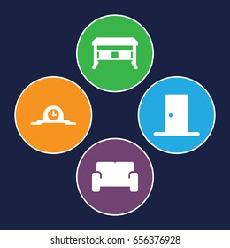 Office icons set. set of 4 office filled icons such as sofa, door, clock