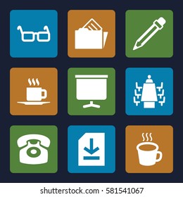 Office icons set. Set of 9 Office filled icons such as cup, board, file, meeting, desk phone, pencil, document in folder