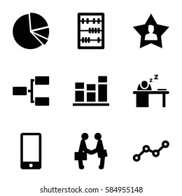 Office icons set. Set of 9 Office filled icons such as chart, pie chart, abacus, line graph, man sleeping on table, favourite user, phone, structure