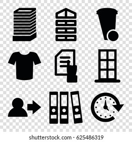 Office icons set. set of 9 office filled icons such as shutter blinds, business center building, door, trash bin, T-shirt, pointing on document, time, binder