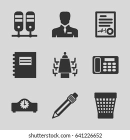 Office icons set. set of 9 office filled icons such as trash bin, businessman, pen, desk phone, meeting, signed document, clock, notepad